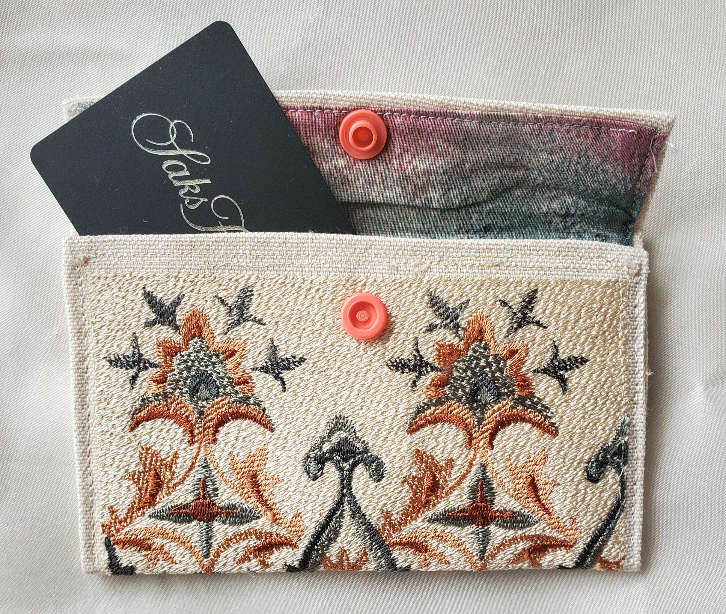 small-tapestry-peach-sage-wallet-open-Jen's-Bag-embroidered-bag